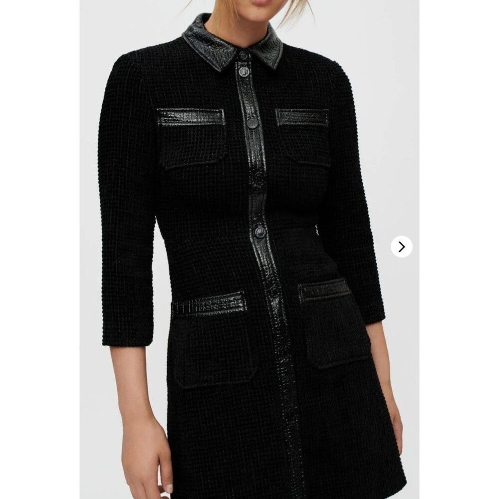 Maje Boucle Black Dress Womens 38 US 6 Tweed Snap Front 3/4 Sleeve Velvet Vinyl